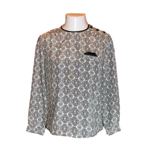 SK & COMPANY Vintage Black & White Print Long Sleeve Pull Over Blouse Size 12